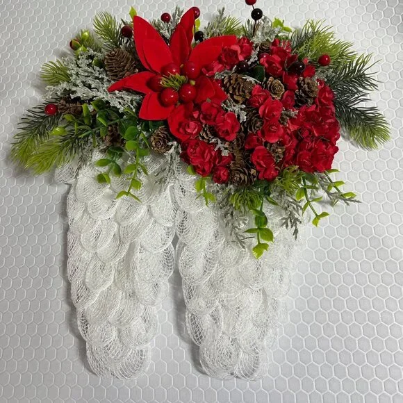 Angel Wing Christmas Wreath with Roses and a Poinsettia - Picture 1 of 1